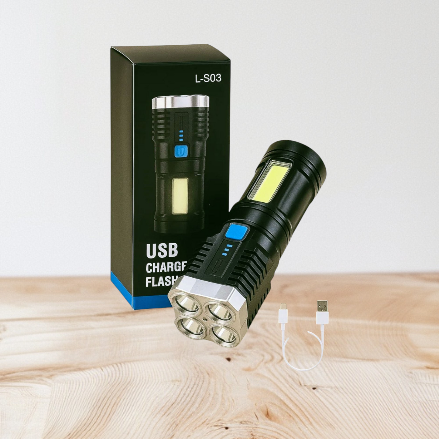 L- S03 USB Rechargeable LED Flashlight, 4-Core Torch with High Power Led Flashlight, Mini Battery Charging Pocket Torch High Power Long Distance Beam Range Emergency Lights for Camping Light