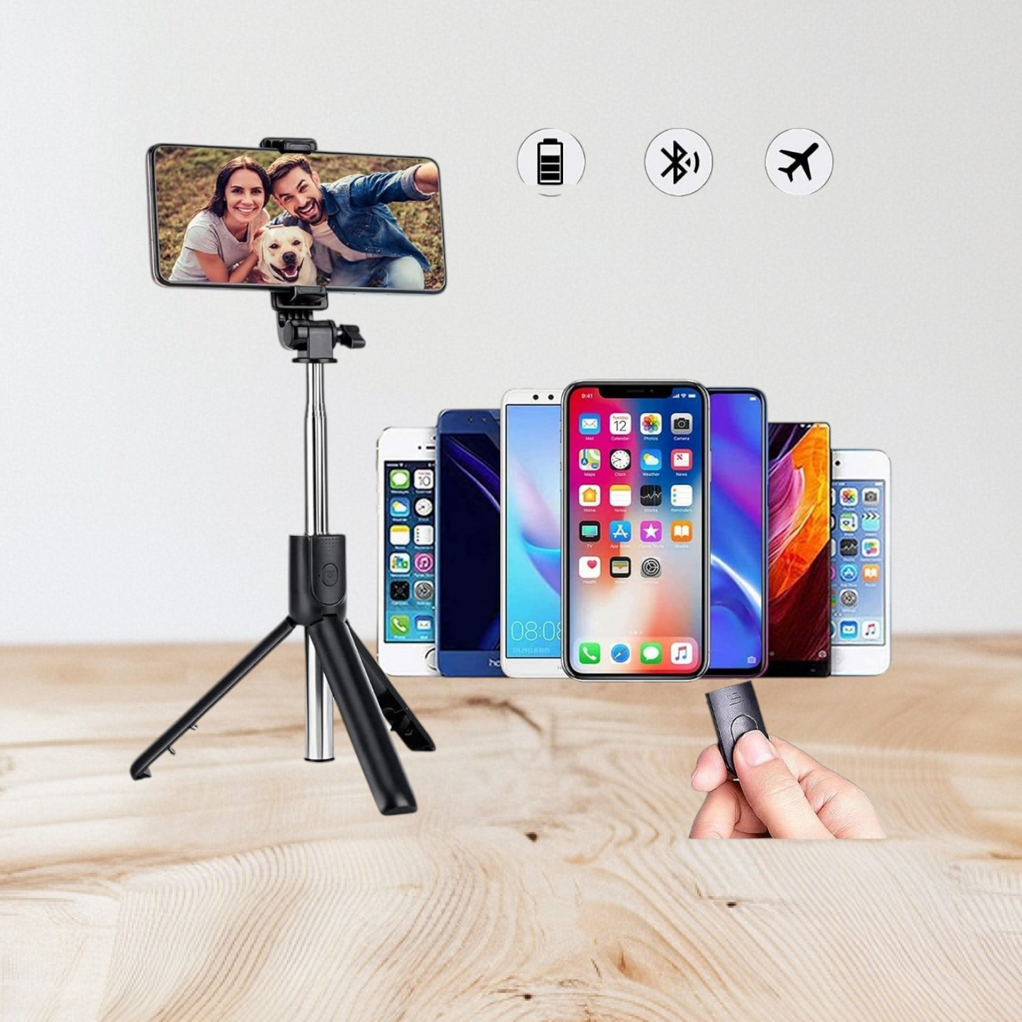 R1s Bluetooth Selfie Stick with a built-in tripod stand and an LED fill light. It is a 3-in-1