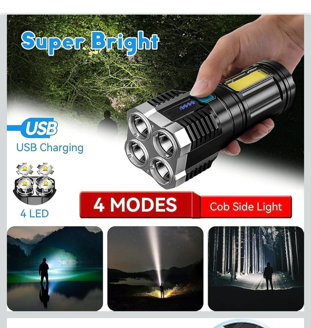 L- S03 USB Rechargeable LED Flashlight, 4-Core Torch with High Power Led Flashlight, Mini Battery Charging Pocket Torch High Power Long Distance Beam Range Emergency Lights for Camping Light