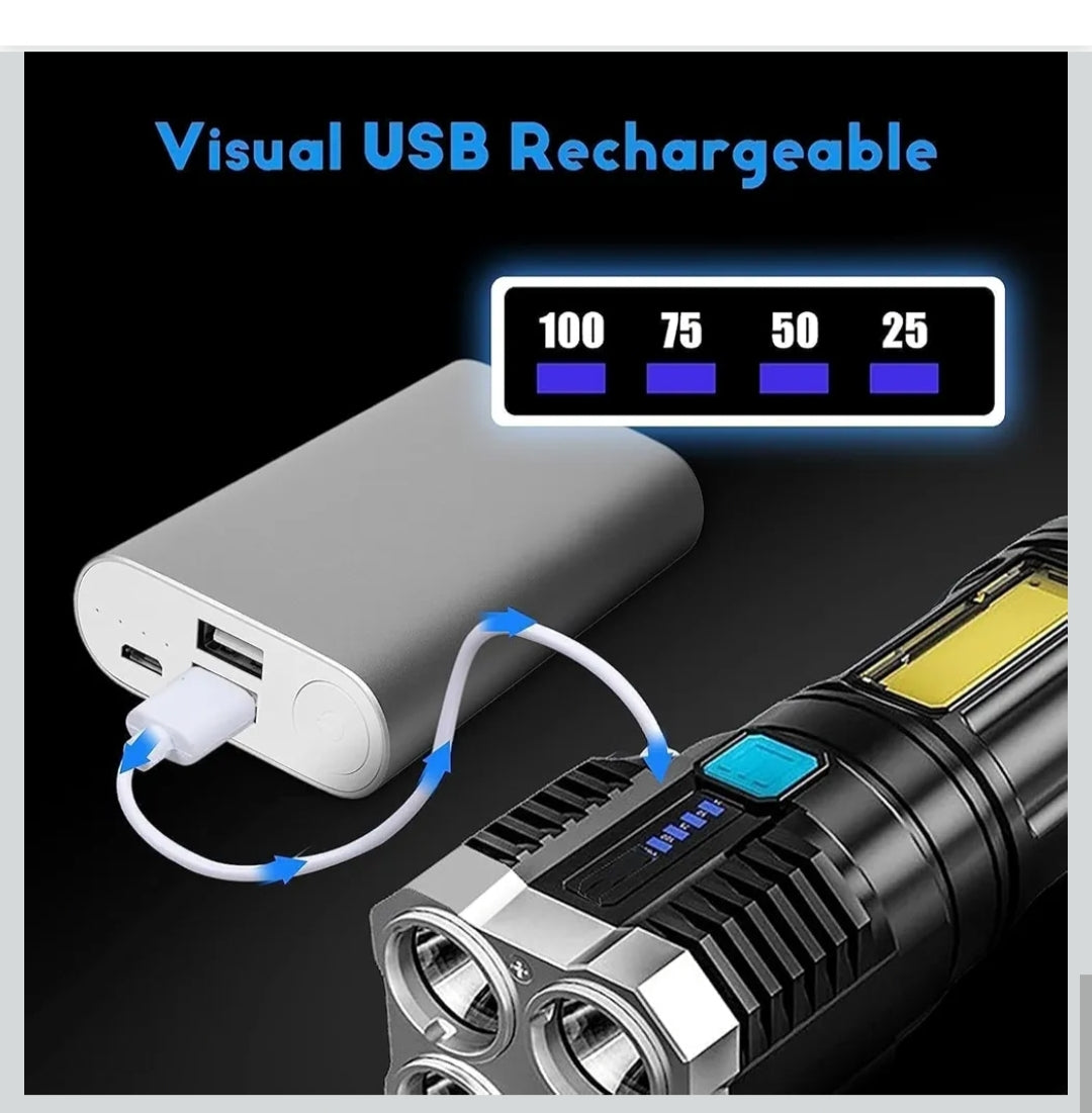 L- S03 USB Rechargeable LED Flashlight, 4-Core Torch with High Power Led Flashlight, Mini Battery Charging Pocket Torch High Power Long Distance Beam Range Emergency Lights for Camping Light