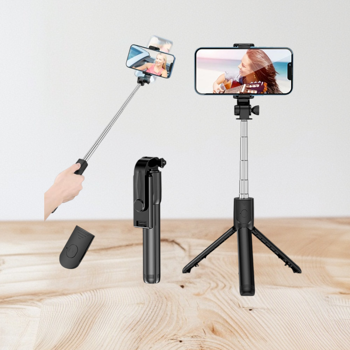R1s Bluetooth Selfie Stick with a built-in tripod stand and an LED fill light. It is a 3-in-1