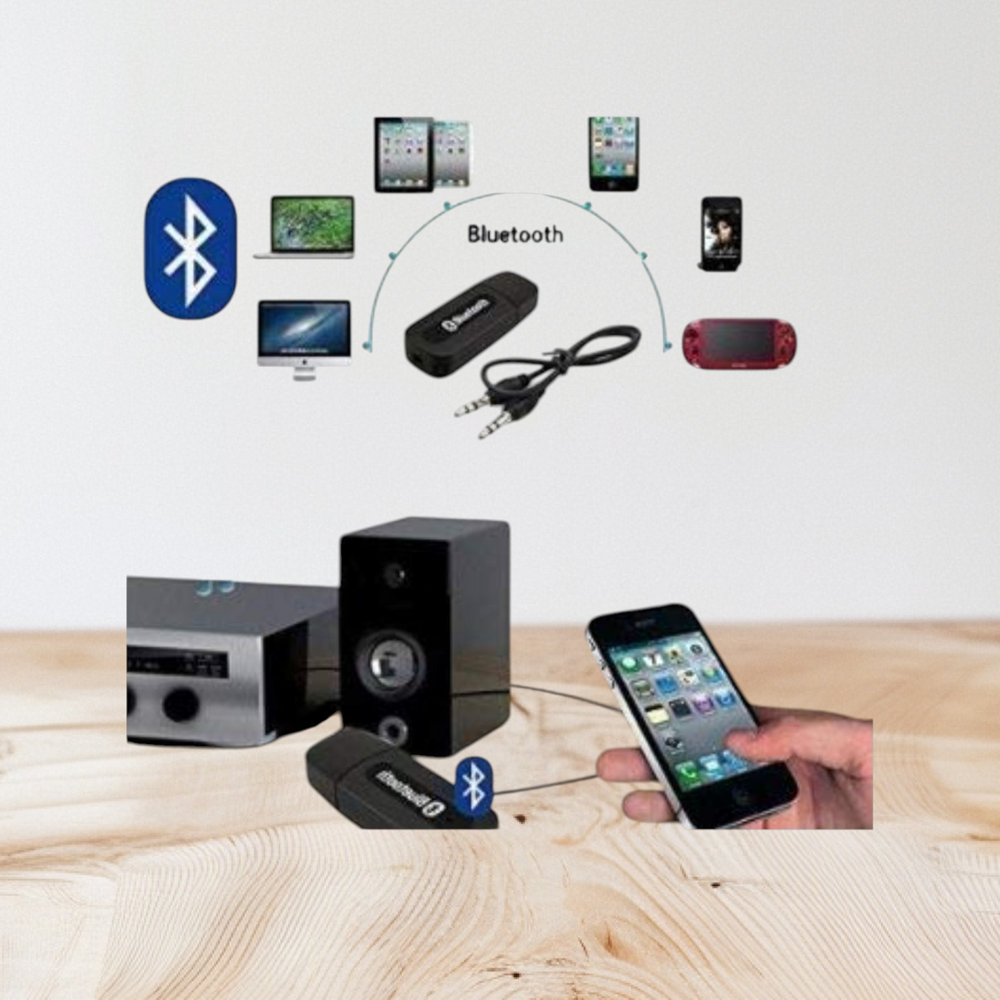 USB Bluetooth music receiver with an accompanying 3.5mm audio cable