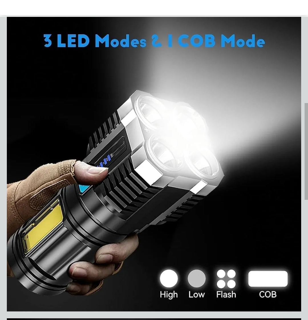 L- S03 USB Rechargeable LED Flashlight, 4-Core Torch with High Power Led Flashlight, Mini Battery Charging Pocket Torch High Power Long Distance Beam Range Emergency Lights for Camping Light