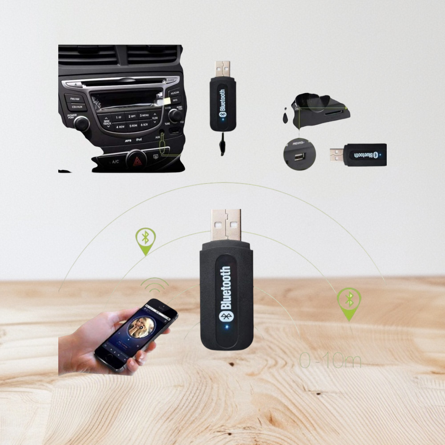 USB Bluetooth music receiver with an accompanying 3.5mm audio cable